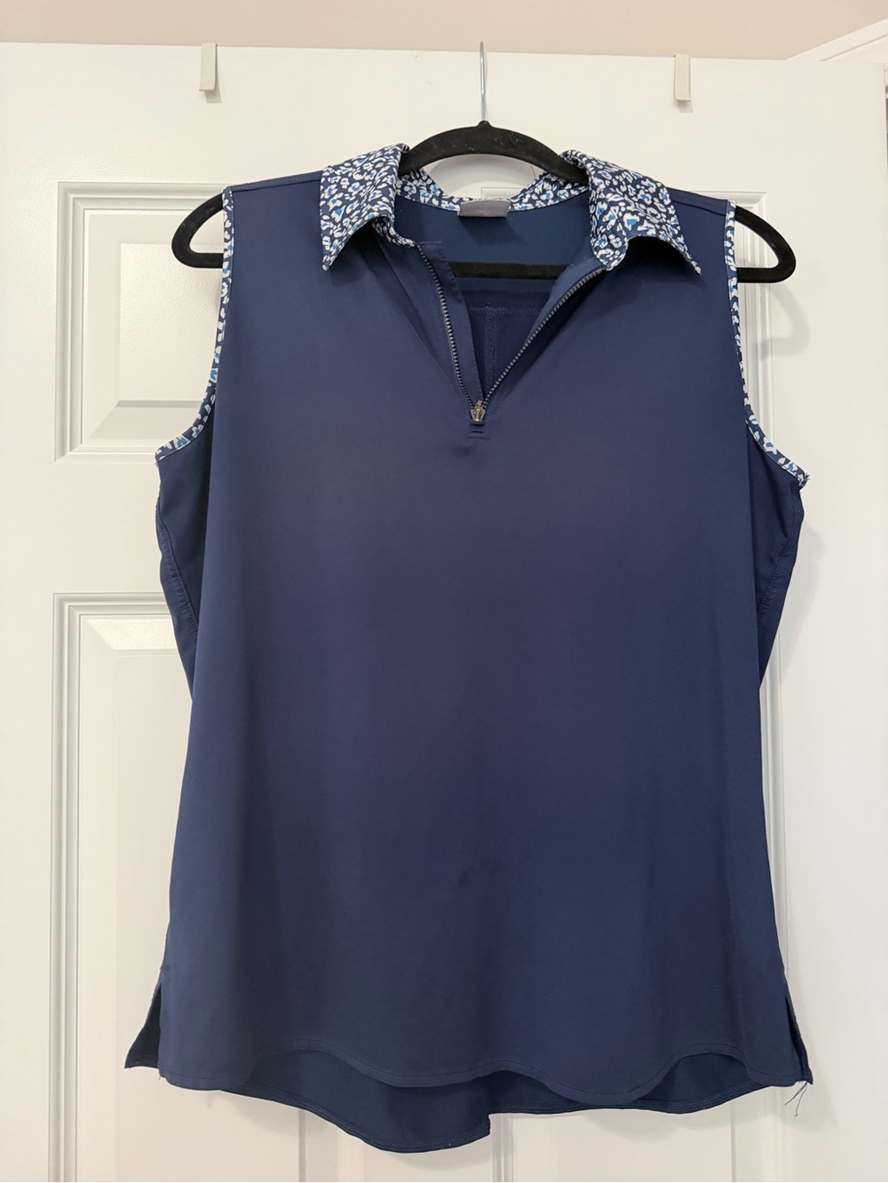 Belyn Key Navy Sleeveless Polo with Blue Floral Trim
